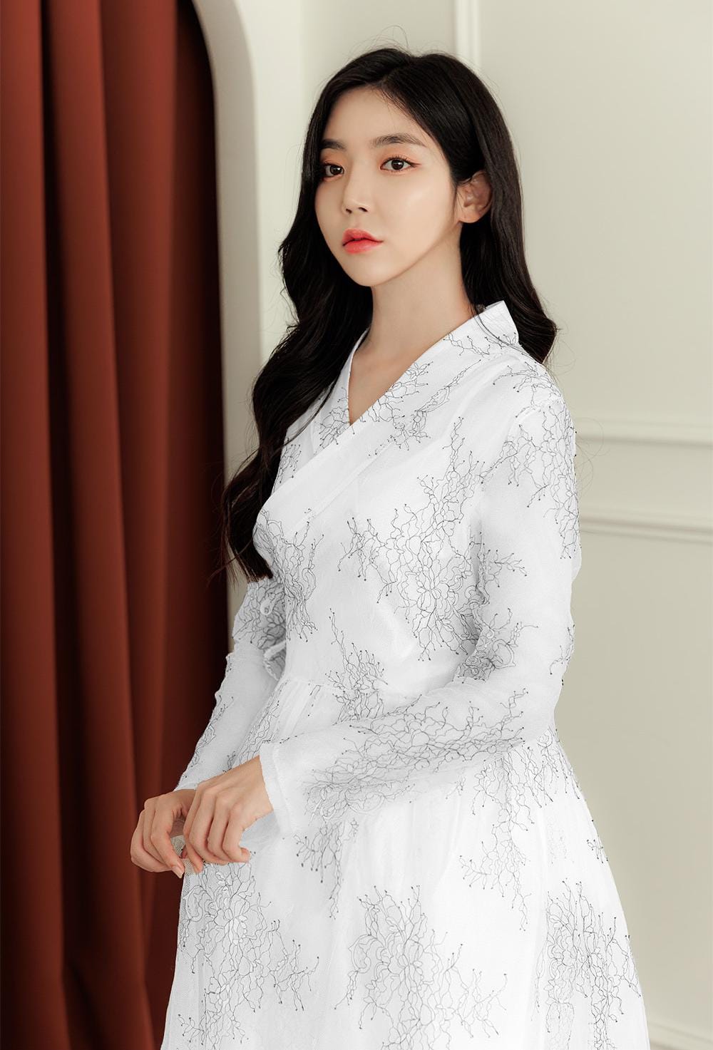 korean white lace dress Hanbok Women Lace Dress, Korean Modern Hanbok Wrap Style Long Dress Wedding Dress, Korea Modernized Daily Casual Party Hanbok White