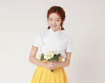 Hanbok Women Short Sleeve Blouse Jeogori Top, Korean Modern Hanbok Casual Party Dress for Women, Modernized Daily Hanbok Shirt White