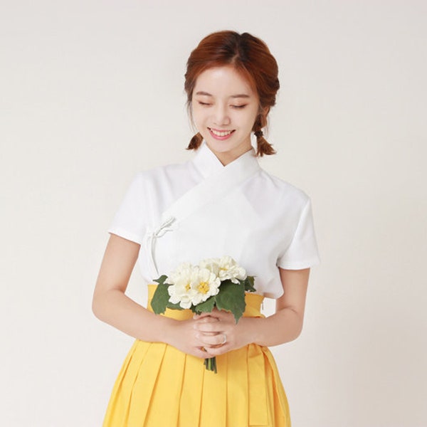 Hanbok Women Short Sleeve Blouse Jeogori Top, Korean Modern Hanbok Casual Party Dress for Women, Modernized Daily Hanbok Shirt White