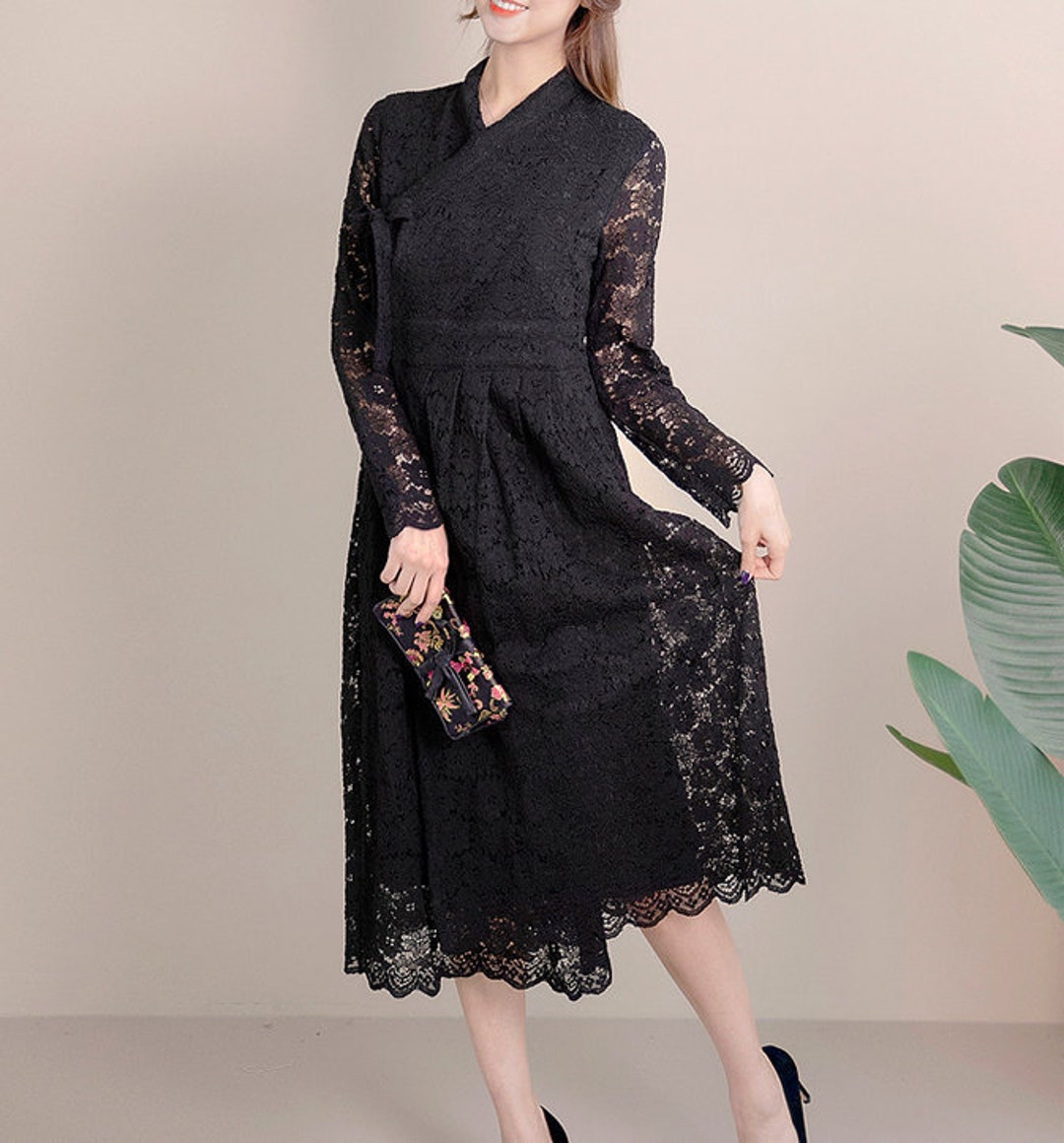 Hanbok Women Dress, Korean Modern Hanbok Wrap Style Long Dress, Korea Modernized Daily Casual Party Hanbok Lace Black Dress, Evening Dress