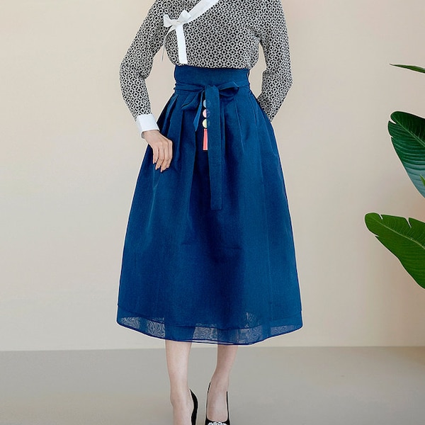 Hanbok Women Elastic Waistband Skirt, Korean Modern Hanbok Skirt Casual Party Dress Clothing for Women, Modernized Daily Hanbok Ramie Skirt