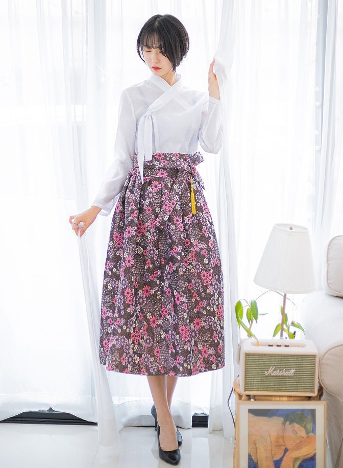 Hanbok Women Warm Skirt, Korean Modern Hanbok Floral Skirt Casual Party Clothing for Women, Korean Modernized Daily Hanbok Skirt for F/W