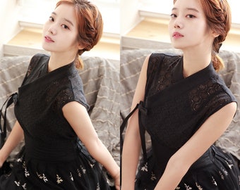 Hanbok Women Blouse Jeogori Sleeveless Lace Shirt, Korean Modern Hanbok Casual Party Clothing for Women, Modernized Daily Hanbok Top Black