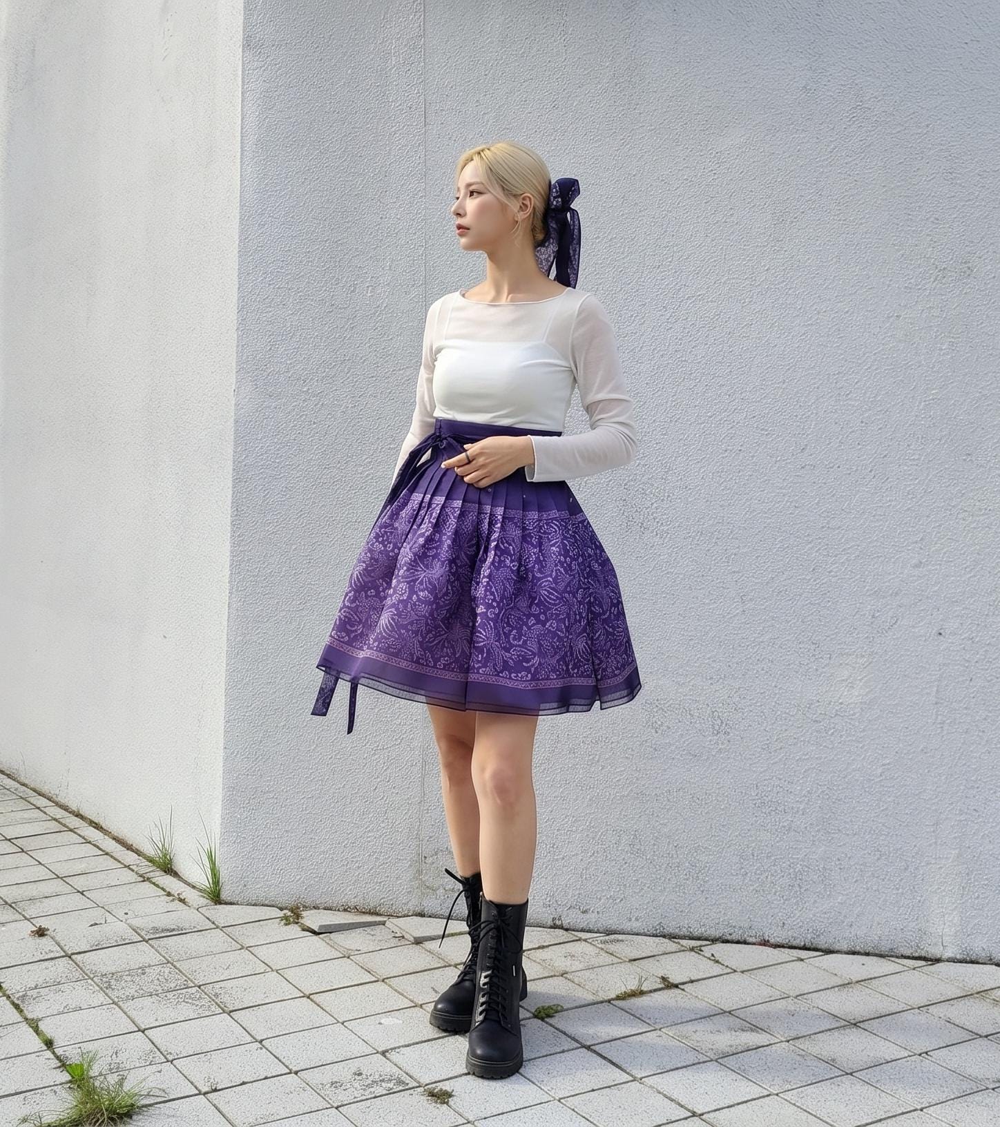 Hanbok Women Mini Wrap Skirt, Purple Hanbok Skirt With Phoenix