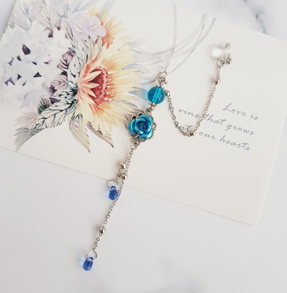 Blue Rose Drop Earrings Ear Cuff, Korean Traditional & Modern