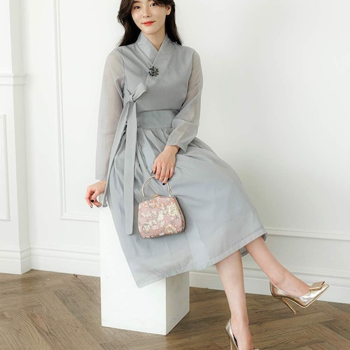 grey korean dress Pink Grey Hanbok | Traditional Korean Dress