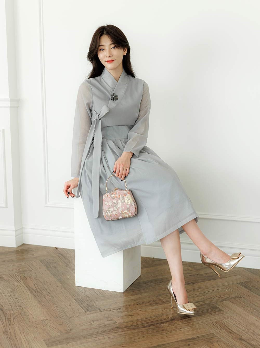 Hanbok Women See Through Sleeve Dress, Korean Modern Hanbok Wrap Style Dress,  Korea Modernized Daily Casual Party Hanbok Dress Gray Color - Etsy
