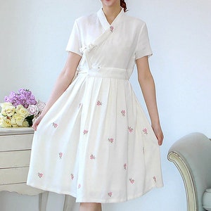 Hanbok Women Dress, Korean Modern Hanbok Wrap Style Dress, Korea Modernized Daily Casual Party Short / Long Sleeve Hanbok Dress White Color