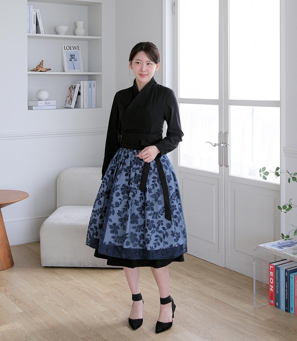 Black Hanbok Dress, Korean Modern Hanbok Wrap Style Long Dress, Korea  Modernized Daily Casual Party Long Sleeve Hanbok Dress