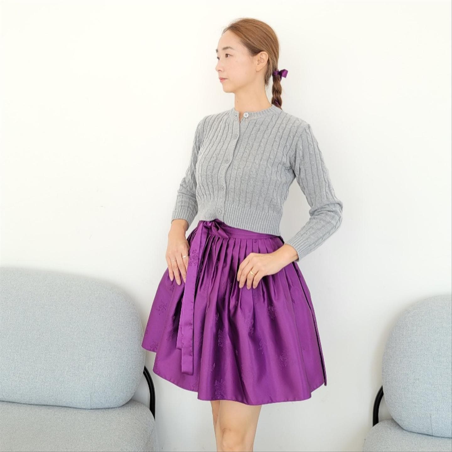 Hanbok Women Mini Wrap Skirt, Shimmer Purple Modern Hanbok Short