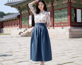 Spódnica Hanbok dla kobiet, nowoczesna koreańska spódnica Hanbok w kolorze granatowym, elegancka sukienka na co dzień, nowoczesna odzież Hanbok na co dzień