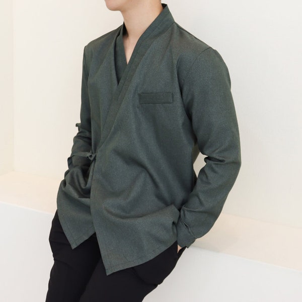Hanbok Shirt for Men, Korean Modern Hanbok Top Jacket Casual Party Clothing, Modernized Daily Hanbok Shirt in Green