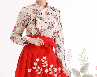 Hanbok Women Blouse Jeogori Top, Korean Modern Hanbok Casual Party Dress Clothing for Women, Rose Pattern Modernized Daily Hanbok