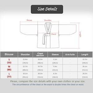 May include: Size chart for a blouse with measurements in inches and centimeters. The chart shows the size, shoulder width, chest measurement, sleeve length, and length of the blouse. The sizes are S (55), M (66), and L (77).