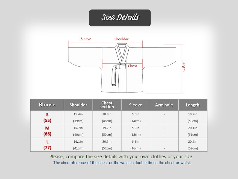 May include: Size chart for a blouse with measurements in inches and centimeters. The chart shows the size, shoulder width, chest measurement, sleeve length, and length of the blouse. The sizes are S (55), M (66), and L (77).