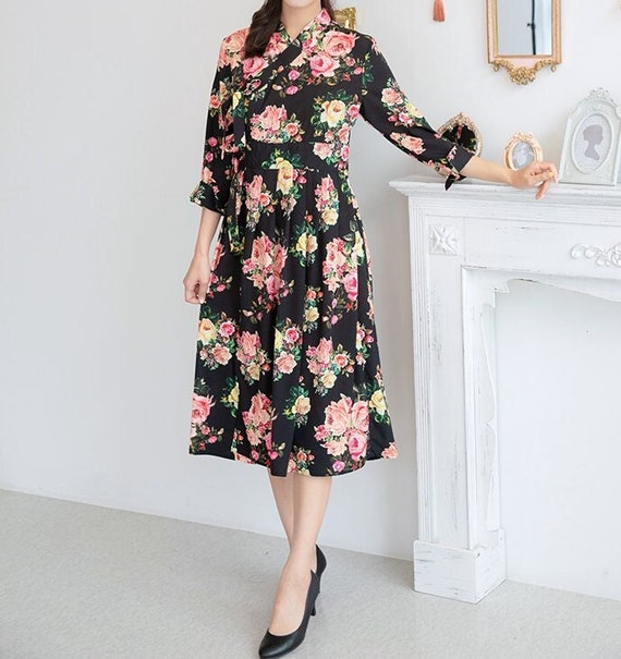 korean style floral dress Hanbok Women Flower Pattern Dress, Modern Hanbok Wrap Long Dress, Korea Modernized Daily Casual Party Long Sleeve Hanbok church hat