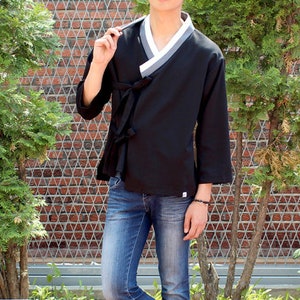 Hanbok 3/4 Sleeve Top Jacket Cardigan Jeogori for Men, Korean Modern Hanbok Daily Casual Party Outwear, Modernized Daily Hanbok Cardigan