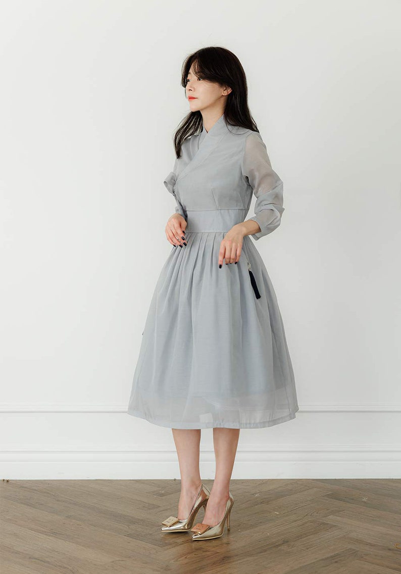 Hanbok Women See Through Sleeve Dress, Korean Modern Hanbok Wrap Style