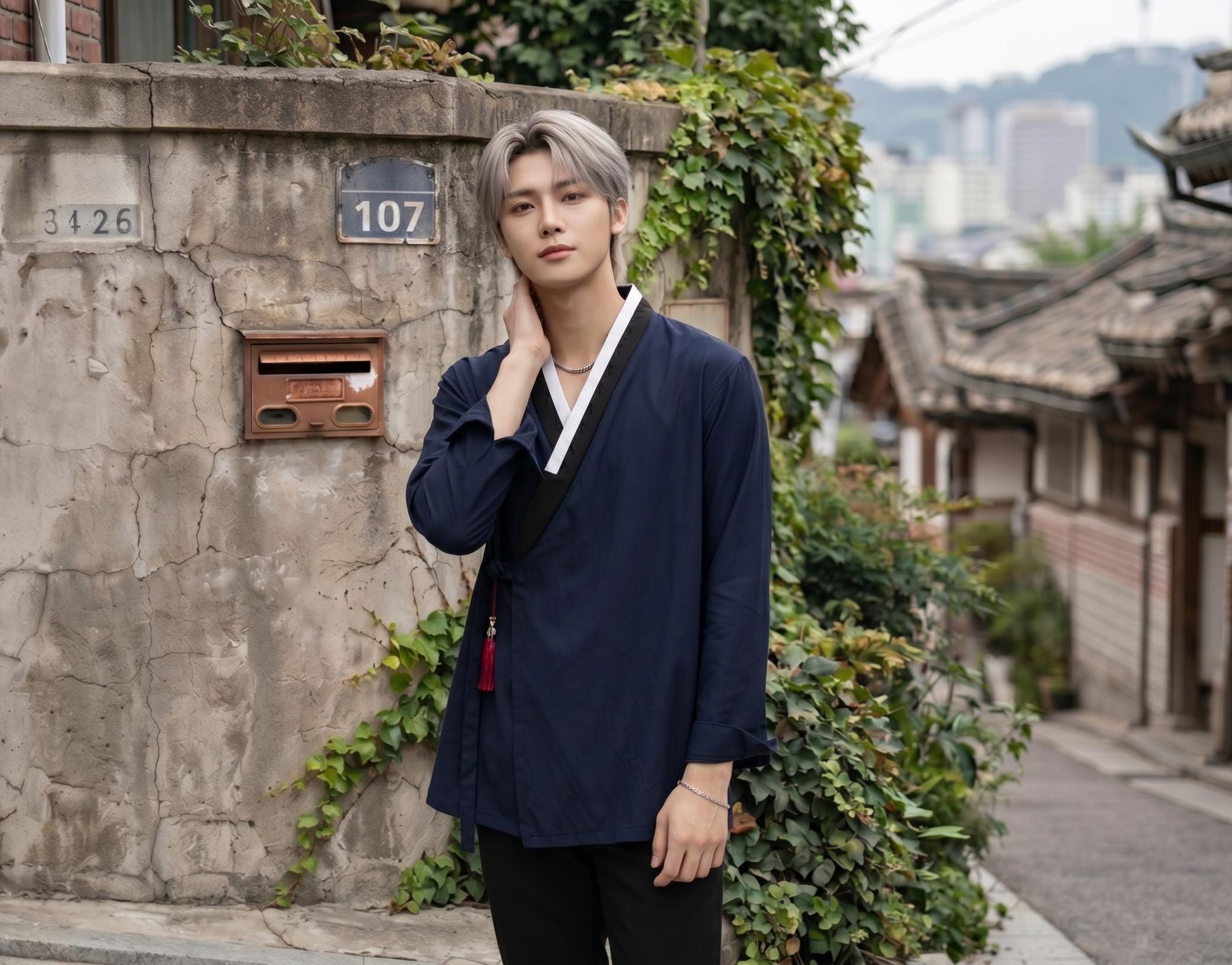 Hanbok Shirt for Men, Korean Modern Hanbok Top Jacket Casual Party Clothing, Modernized Daily Hanbok Shirt in Navy Color