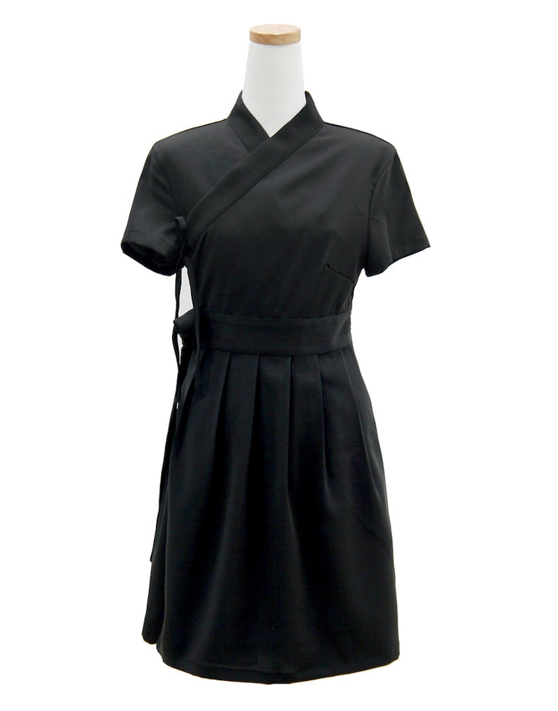 Hanbok Women Dress, Korean Modern Hanbok Wrap Style Short Sleeve Dress, Korea Modernized Daily Casual Party Hanbok Black Mini Dress image 3