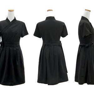 Hanbok Women Dress, Korean Modern Hanbok Wrap Style Short Sleeve Dress, Korea Modernized Daily Casual Party Hanbok Black Mini Dress image 4