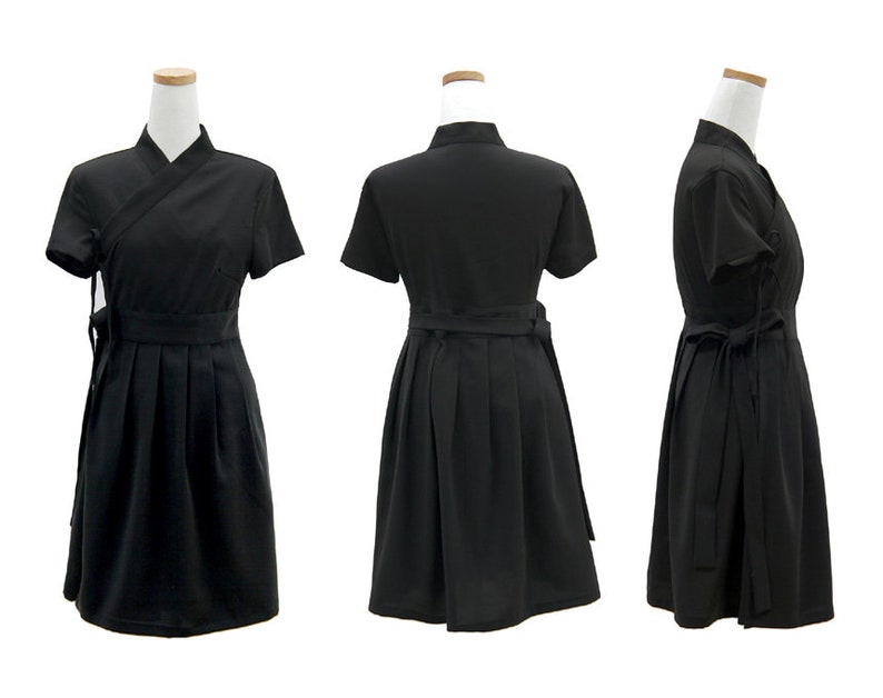 Hanbok Women Dress, Korean Modern Hanbok Wrap Style Short Sleeve Dress, Korea Modernized Daily Casual Party Hanbok Black Mini Dress image 4
