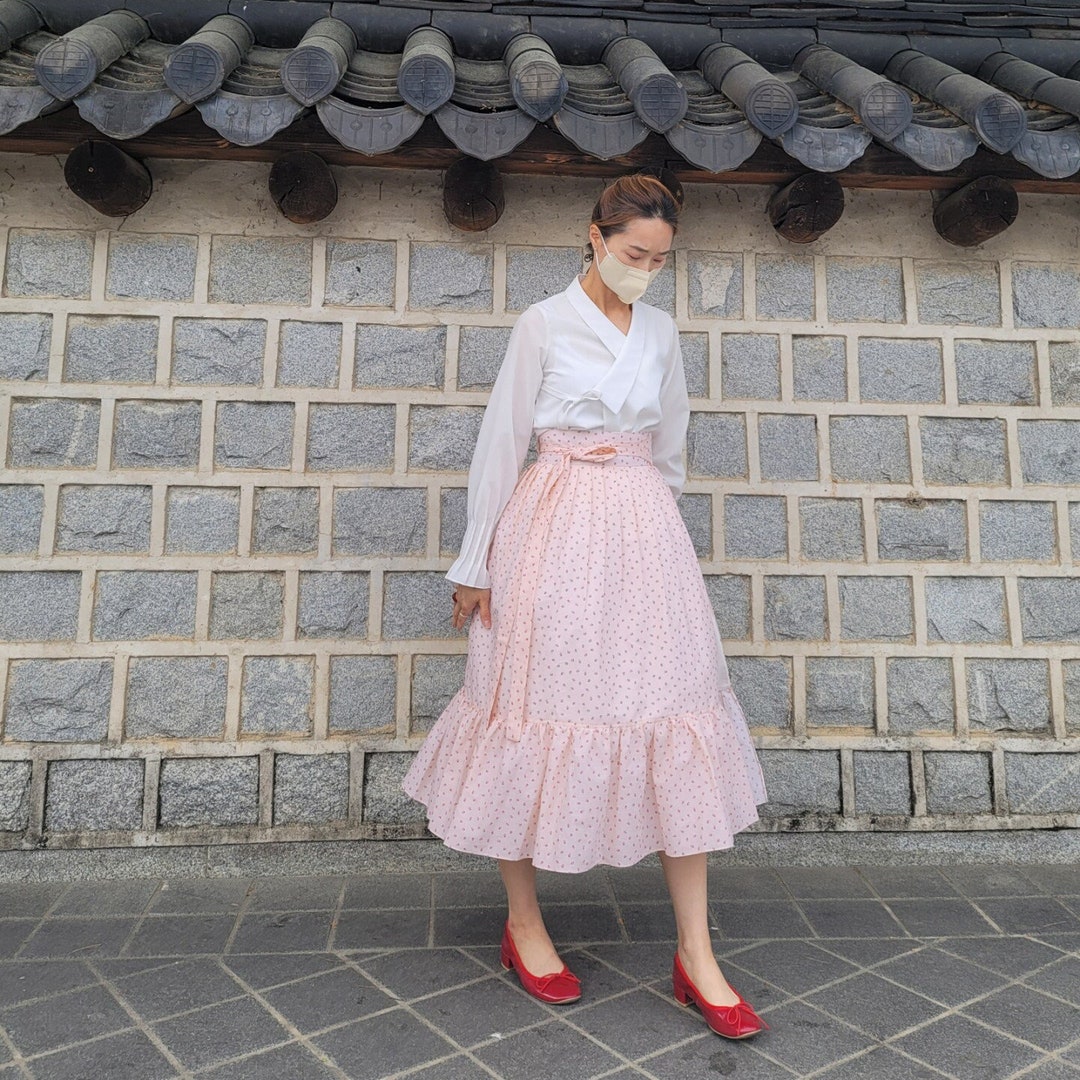 Hanbok Women Cherry Pattern Wrap Skirt, Beautiful Korean Modern Hanbok ...
