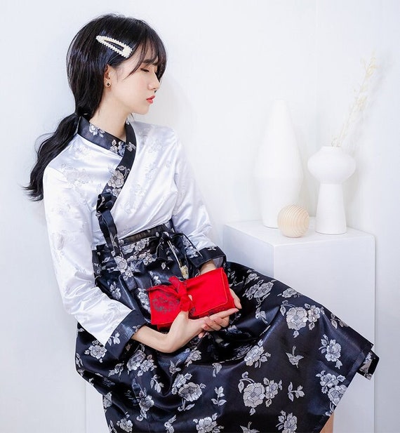 Hanbok Women Silver Flower Dress, Korean Modern Hanbok Wrap Style Long Dress,  Korea Modernized Daily Casual Party Long Sleeve Hanbok Dress - Etsy