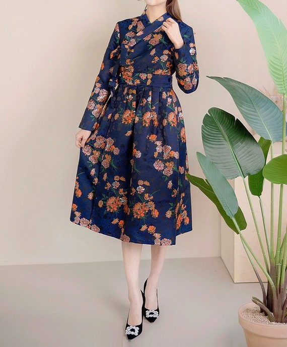 sachin and babi light blue dress Hanbok Women Flower Pattern Dress, Korean Modern Hanbok Wrap Style Long  Dress, Korea Modernized Daily Casual Party Long Sleeve Hanbok Dress