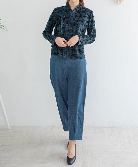 Hanbok Pants for Women, Korean Modern Hanbok Elastic Waistband Pants, Korean  Modernized Daily Casual Hanbok Pants in Blue 