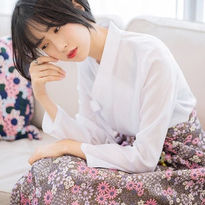 Hanbok Women Flower Pattern See-through Blouse Jeogori Top, Korean Modern Hanbok Casual Party Dress Clothing for Women, Hanbok Shirt White