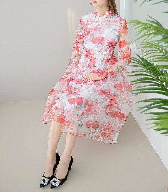 Hanbok Women Dress, Korean Modern Hanbok Wrap Style Floral Pattern See Through Sleeve Dress, Korea Modernized Casual Party Hanbok Dress - Etsy Hanbok Women Dress, Korean Modern Hanbok Wrap Style Floral Pattern See Through Sleeve Dress, Korea Modernized Casual Party Hanbok Dress - Etsy