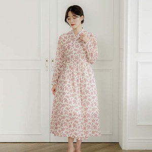 Hanbok-damesjurk met bloemen, Koreaanse moderne Hanbok-jurk met wikkelstijl met lange mouwen, Korea gemoderniseerd dagelijks casual feest Hanbok-jurk