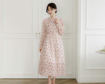 Hanbok Women Floral Dress, Korean Modern Hanbok Wrap Style Long Sleeve Dress, Korea Modernized Daily Casual Party Hanbok Dress