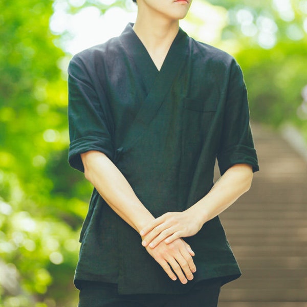 Hanbok Linen Shirt for Men, Korean Modern Hanbok Top Jacket Casual Party Clothing, Modernized Daily Hanbok Shirt in Black