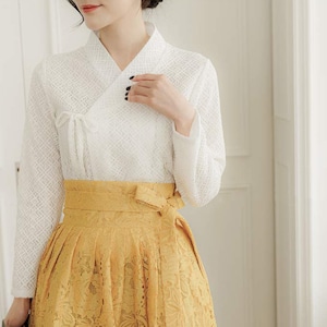 Hanbok Women Lace Blouse Jeogori Top, Korean Modern Hanbok Casual Party Dress Clothing for Women, Modernized Daily Hanbok Shirt White