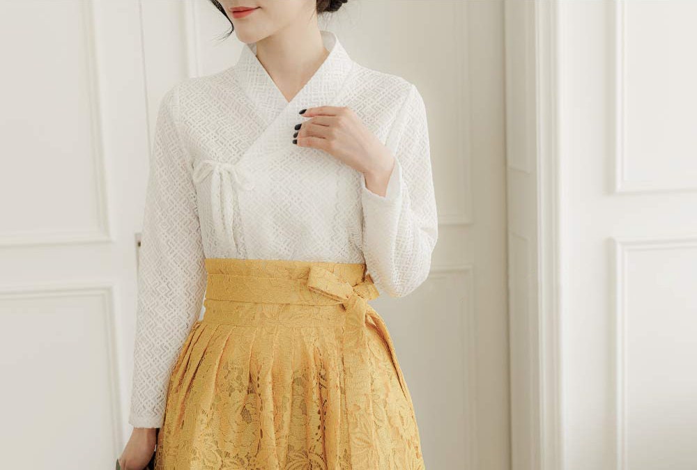 Hanbok Women Lace Blouse Jeogori Top, Korean Modern Hanbok Casual Party Dress Clothing for Women, Modernized Daily Hanbok Shirt White
