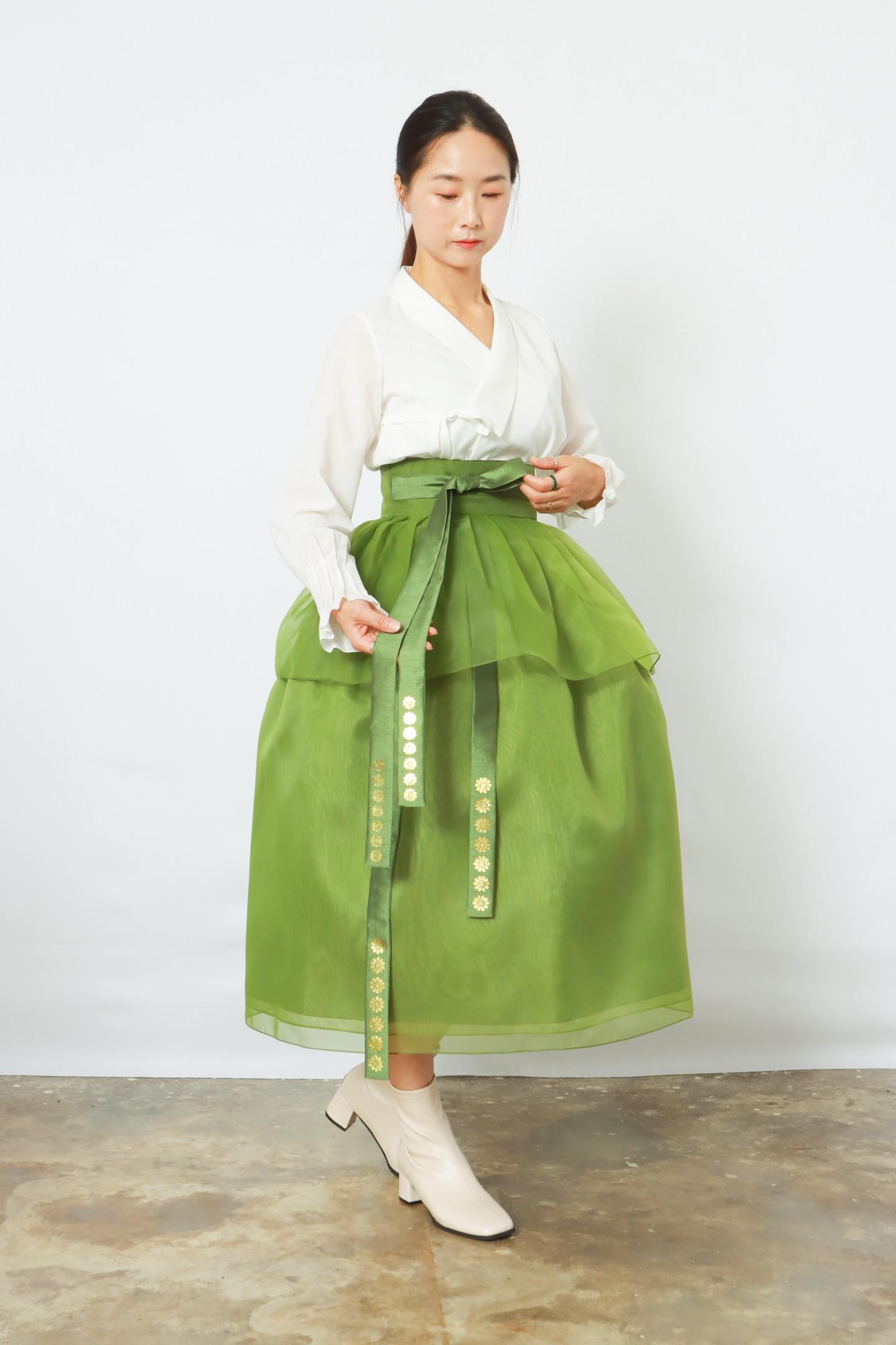 Hanbok Women Wrap Skirt, Soft Green Korean Modern Hanbok Long