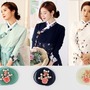 Hanbok Brooch, Korean Hanbok Accessory Pink Flower & Pearl Ornament Brooch, Korean Traditional Accessory