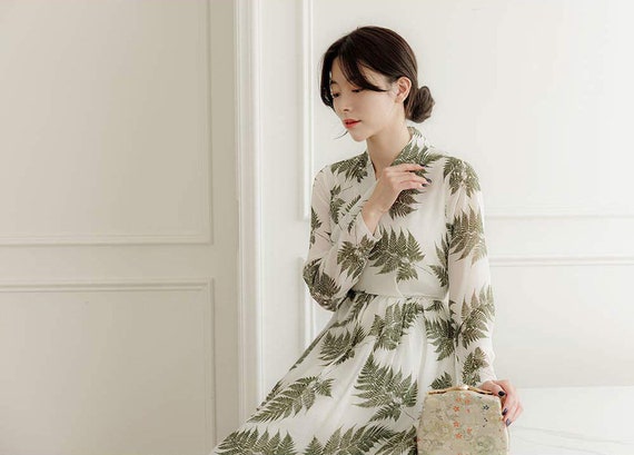 Hanbok Women Leaf Pattern Dress, Korean Modern Hanbok Wrap