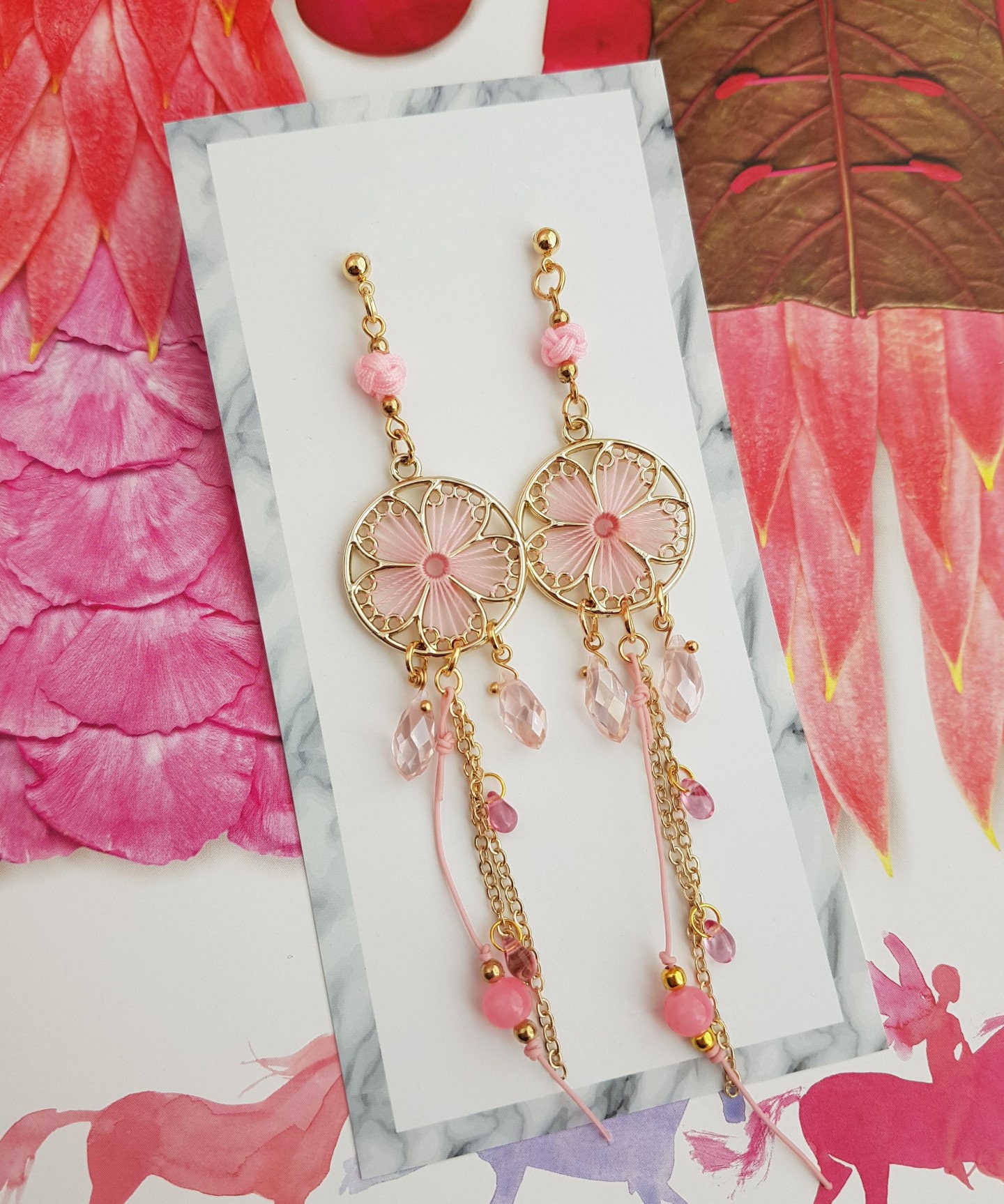 Pink Flower Drop Earrings, Korean Traditional & Modern