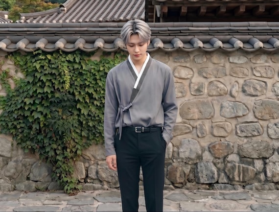 korean formal dress men Hanbok Shirt for Men, Modern Hanbok Top Jacket Casual Party Clothing, Modernized Daily Hanbok Shirt in Gray Color backless-evening-dress