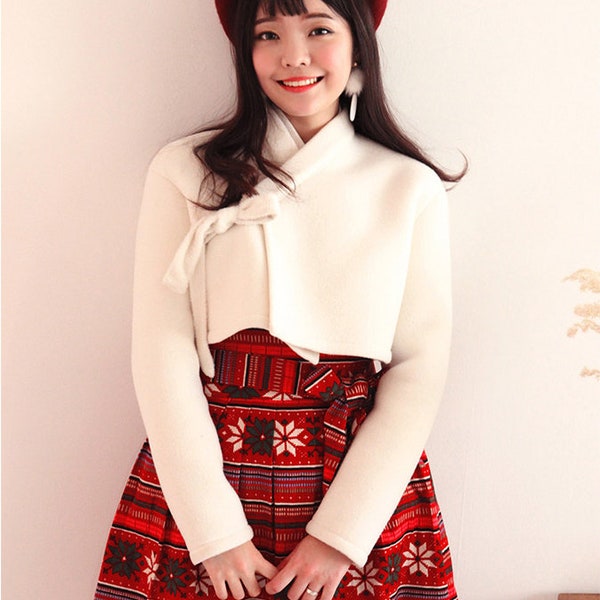 Hanbok Women Warm Short Jacket Top, Korean Modern Hanbok Casual Party Clothing, Modernized Daily Hanbok Thick Outer for Winter, IvoryColor