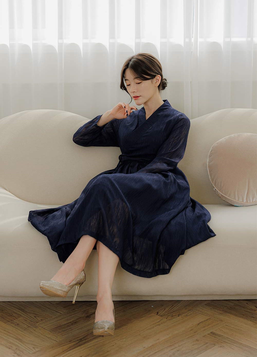 green emerald velvet dress White Flower Modern Hanbok Dress, XXL / Long / Dress & Skirt main image 1