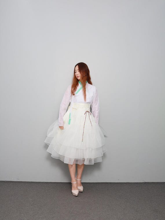 korean layered dress Hanbok Women Wrap Tulle Skirt, White Hanbok Skirt Dress, Convertible Sleeveless Dress, Party Concert Outfit global-primary_colour-Green