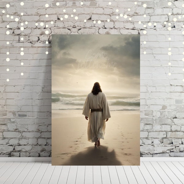 Come Follow me. Jesus walking on beach. Footprints. Christian wall art