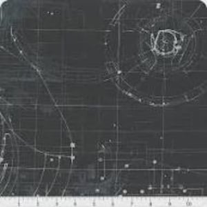 May include: A dark charcoal gray fabric featuring a white technical line drawing pattern of circular mechanical diagrams, geometric grids, and intersecting arcs. The design includes small white dots and precise lines resembling a blueprint.