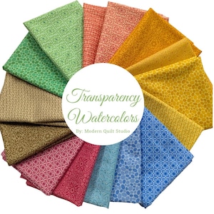 May include: A collection of fabric squares in various colors, including green, peach, yellow, and blue, arranged in a circular pattern. Each square features a unique floral or geometric pattern. The text "Transparency Watercolors" is displayed in a white circle.