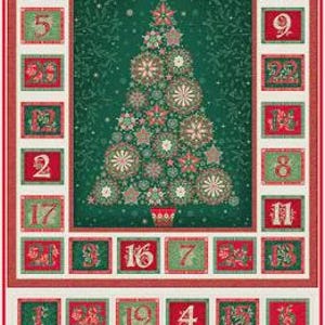 May include: Advent calendar fabric panel with a central Christmas tree design made of snowflakes and stars. The panel features 24 numbered boxes in red and green, perfect for counting down to Christmas. The top reads "Advent Calendar."