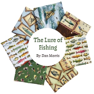 May include: A collection of fabric swatches arranged in a circle, featuring various fishing-themed patterns including fish, lures, and flies. The central white circular label displays the text 'The Lure of Fishing' followed by 'By: Dan Morris'.